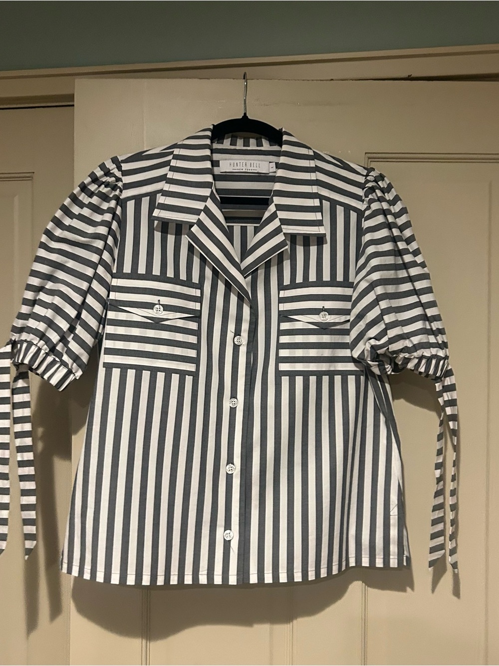 HUNTER BELL Black and White Striped Button-Front Blouse